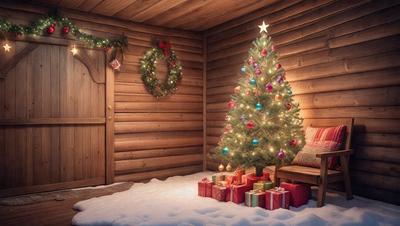 The primary subject of the image is a Christmas tree, which is decorated with ornaments and lights. The setting is a cabin, with a wooden wall and a door visible in the background. The visual style is a digital art, creating a festive and cozy atmosphere. The dominant colors are green, red, and white, which are associated with the Christmas season.